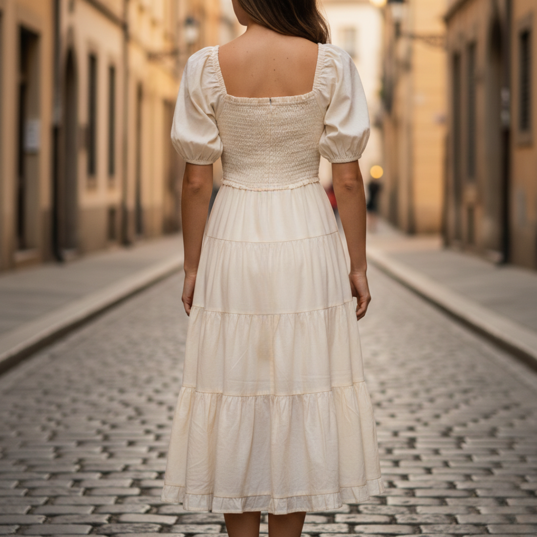 Women's Midi Dress with Square Neckline, Puff Sleeves, Cream Cotton
