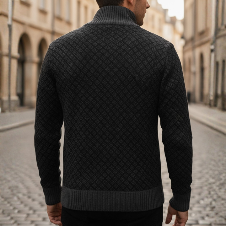 Men's Cardigan with Zip and Pattern in High-Quality Material with High Collar