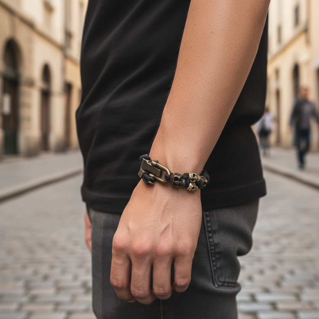 Braccialetto paracord da uomo con teschi in metallo bronzato