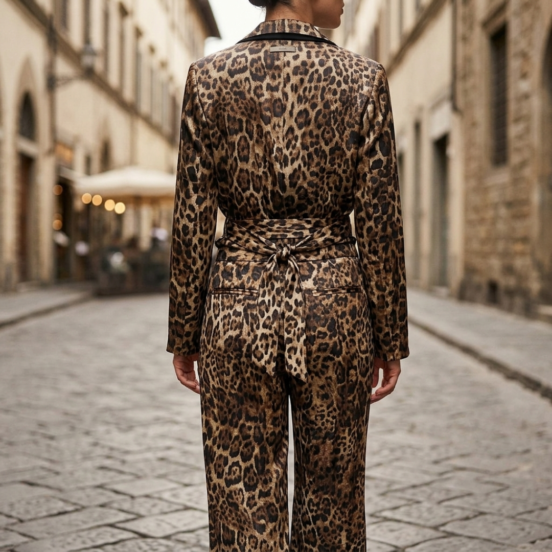 Complete Women's Double-Breasted Blazer with Belt and Leopard Print Pants