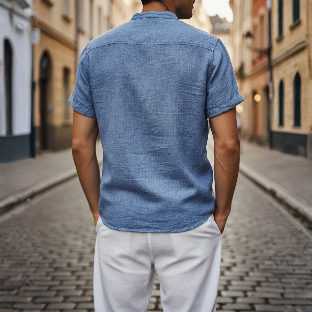 Men's Linen Shirt Set with Mandarin Collar and Short Sleeves Slim Fit