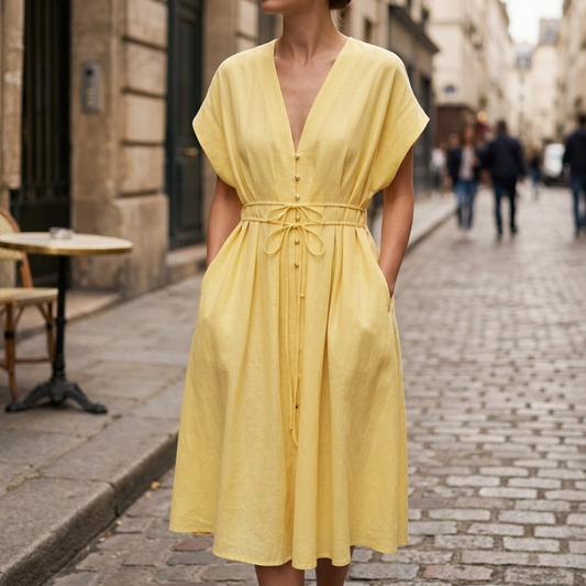 Women's Flowing A-Line Dress | Elegant V-Neck Short Sleeve Gown 1