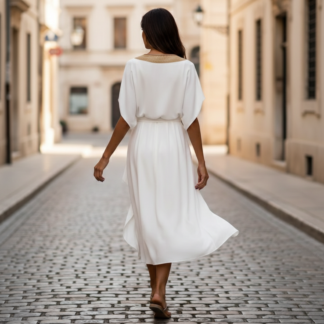 Women's Midi Dress with V-Neck and Golden Detail in White for Summer