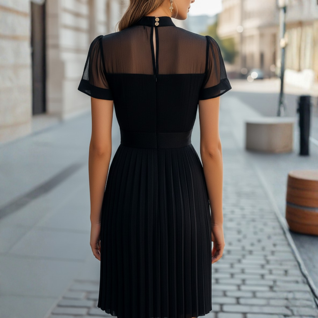 Women's Black Dress with High Collar and Pleats, Elegant Fabric