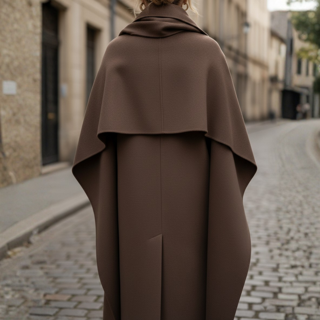Brown Long Women's Coat with Double-Breasted Design and Cape