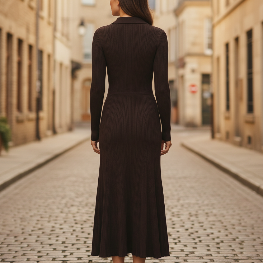 Brown Ribbed Maxi Dress for Women with Collar and Buttons