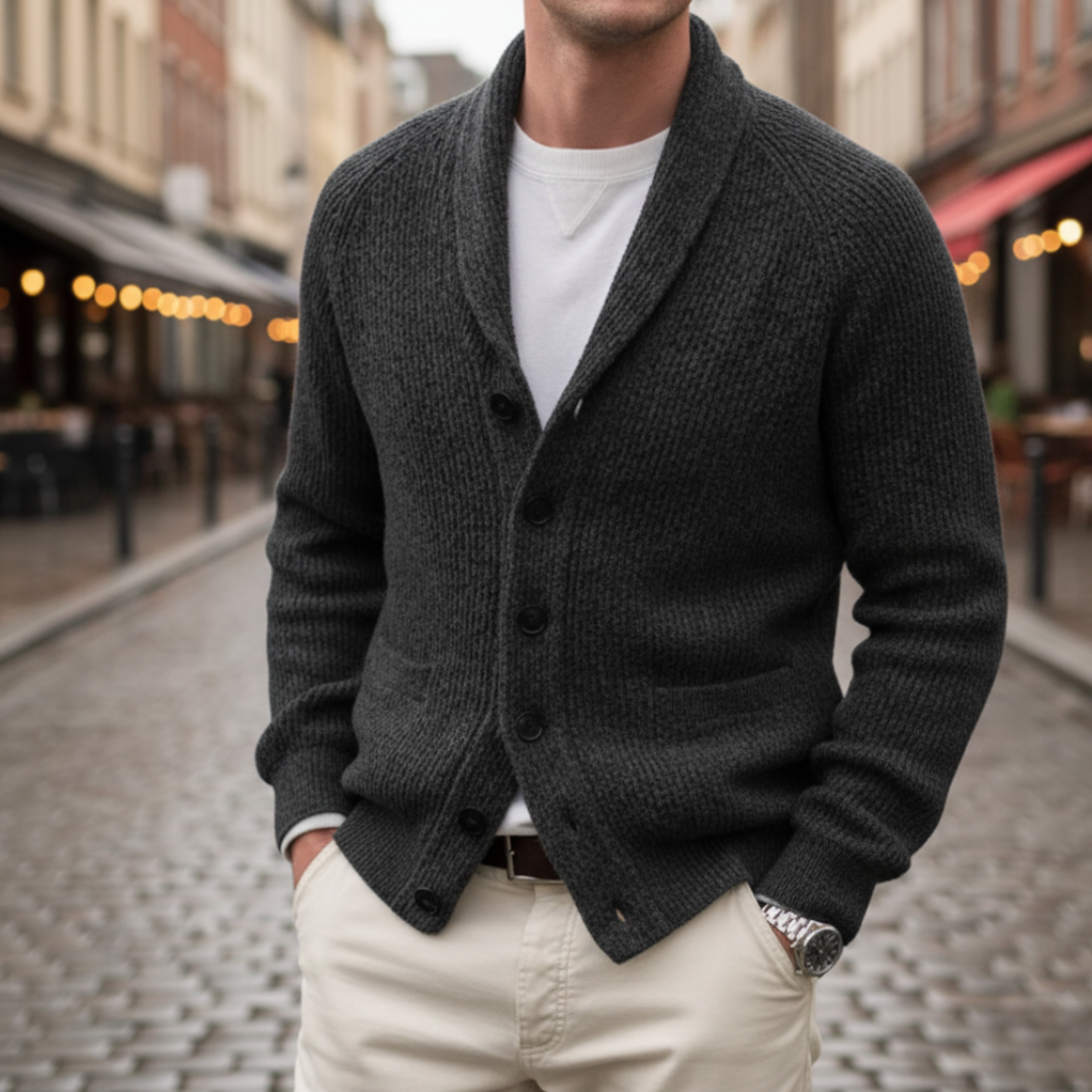 Men's Thick Knit Cardigan with Shawl Collar for Winter