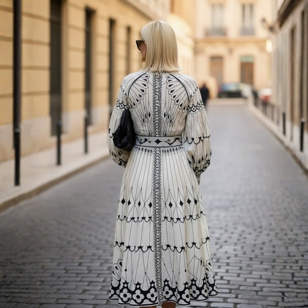 Long Women's Dress with Prints and Belt