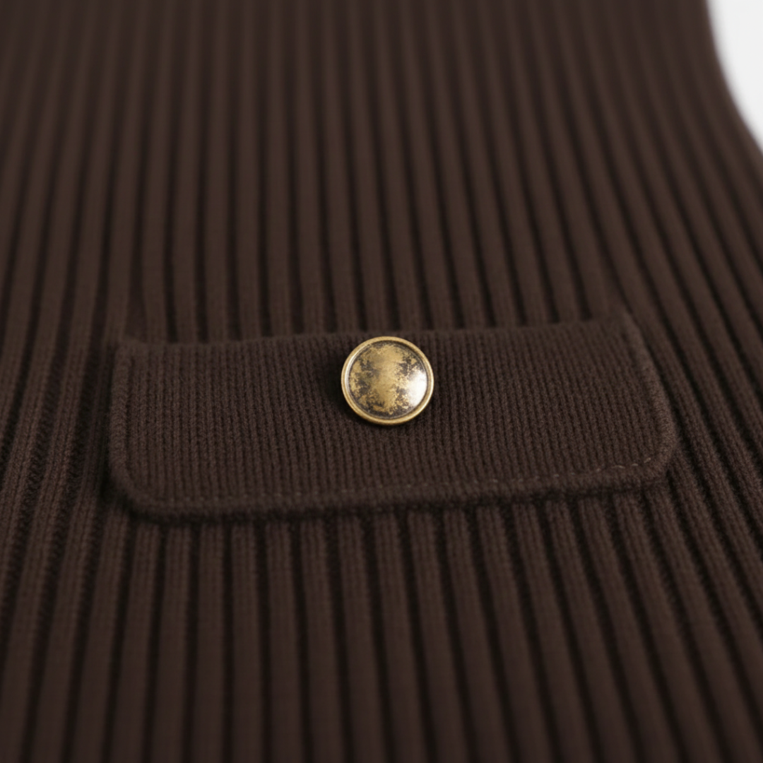 Brown Ribbed Maxi Dress for Women with Collar and Buttons
