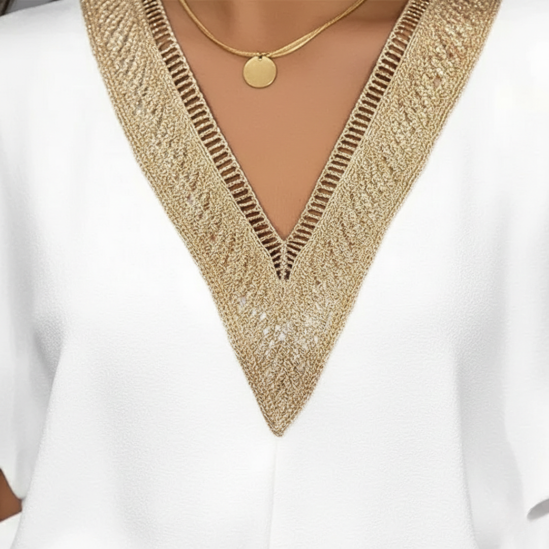 Women's Midi Dress with V-Neck and Golden Detail in White for Summer