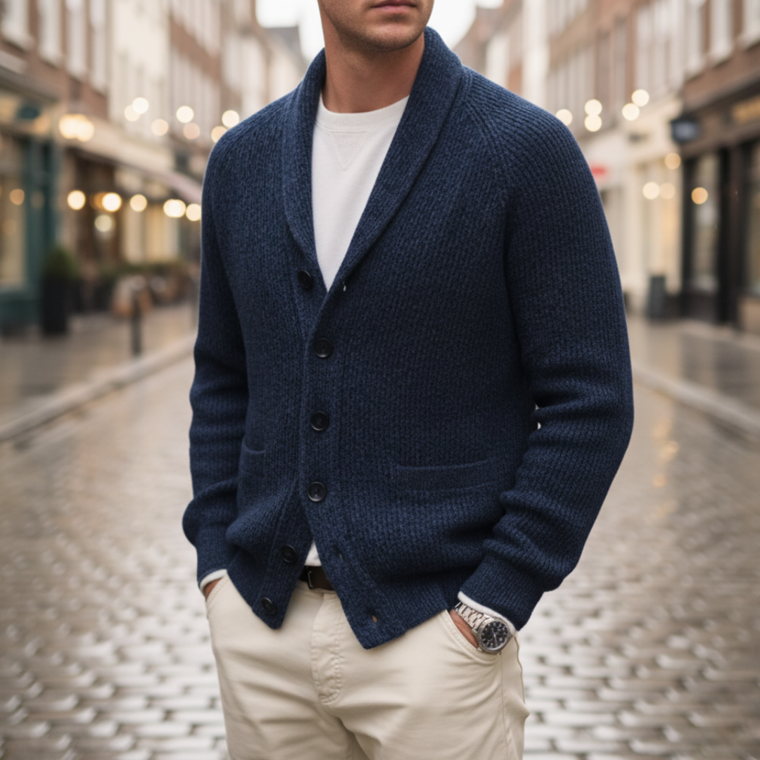 Men's Thick Knit Cardigan with Shawl Collar for Winter