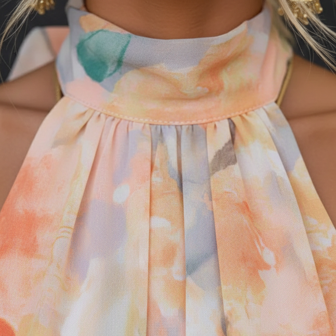Long Dress for Women with American Neckline, Flared, Watercolor Silk