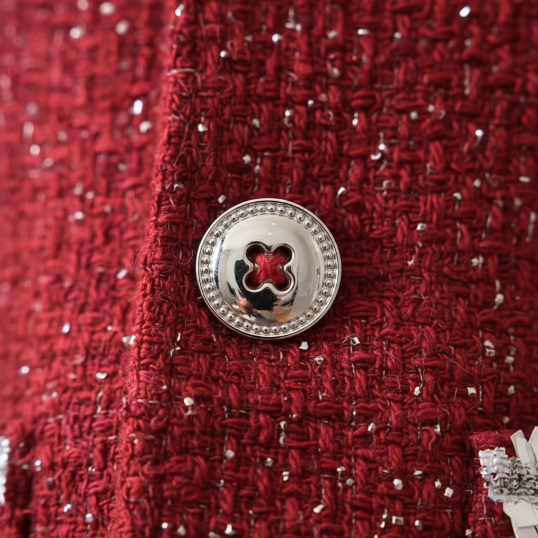 Women's Complete Tweed Two-Piece Suit with Lace and Red Buttons