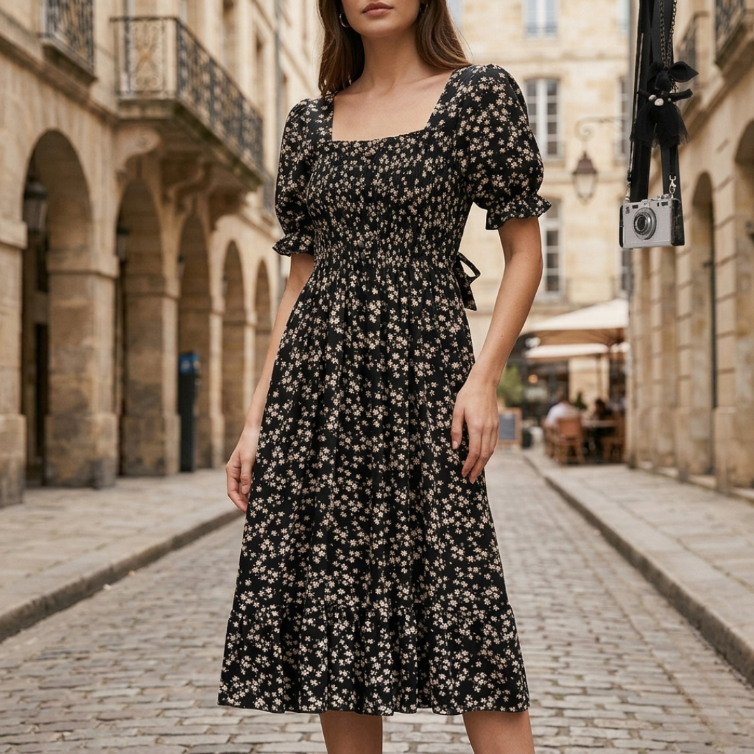 Women's Floral Draped Midi Dress with Puff Sleeves