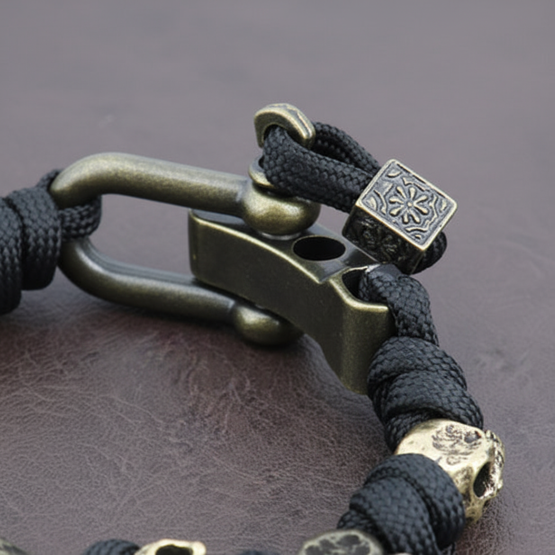 Braccialetto paracord da uomo con teschi in metallo bronzato