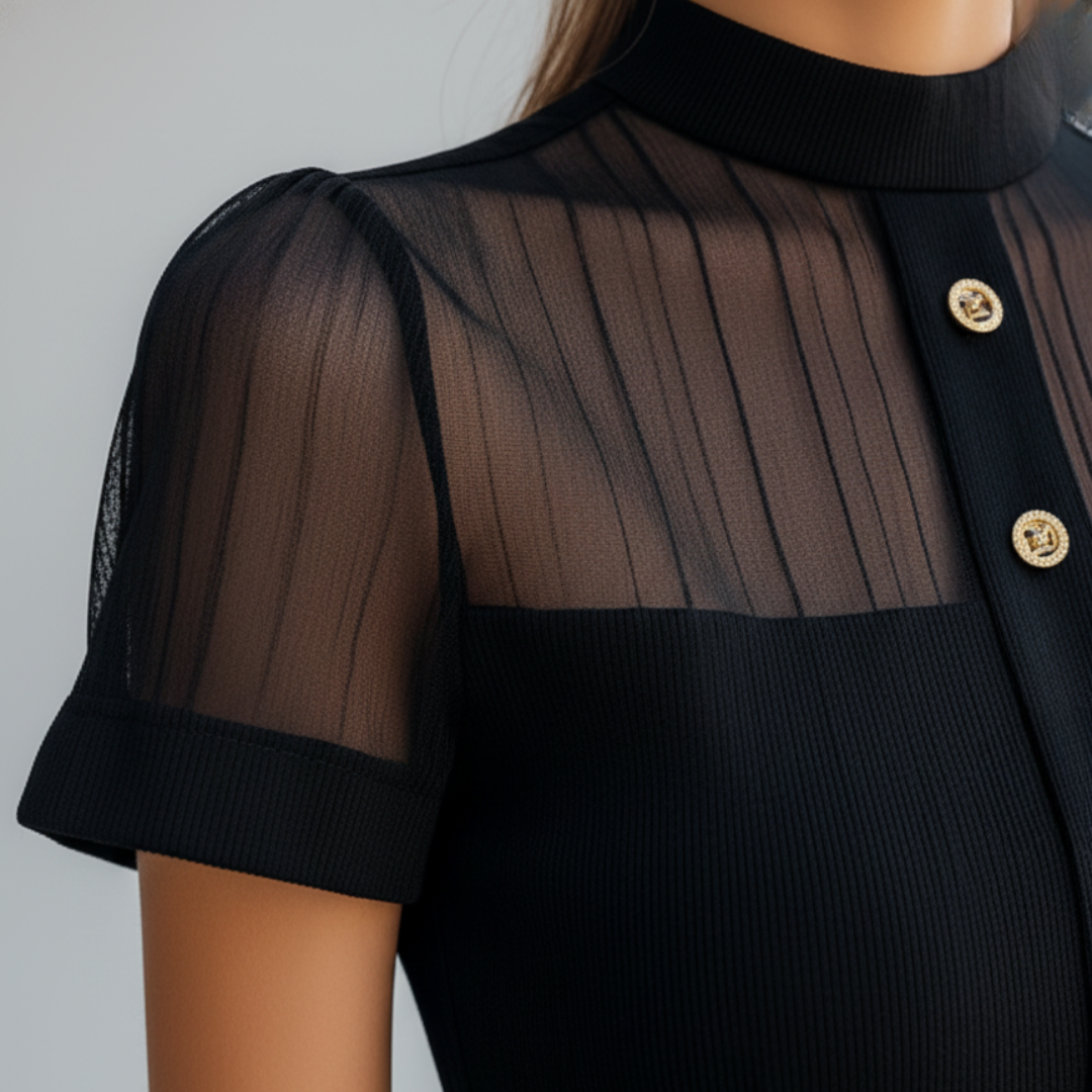 Women's Black Dress with High Collar and Pleats, Elegant Fabric