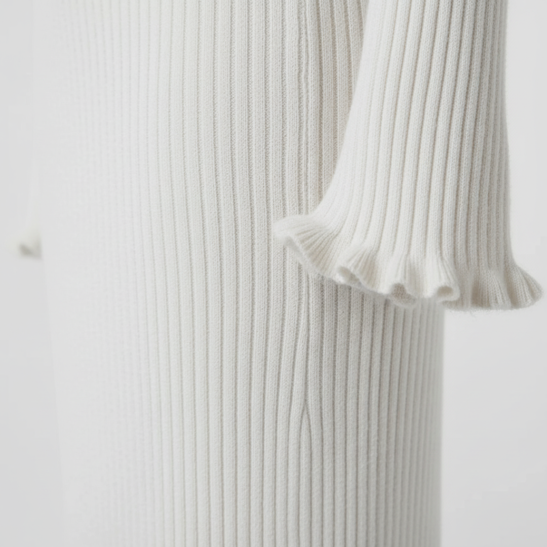 White Ribbed Maxi Dress for Women with Long Sleeves