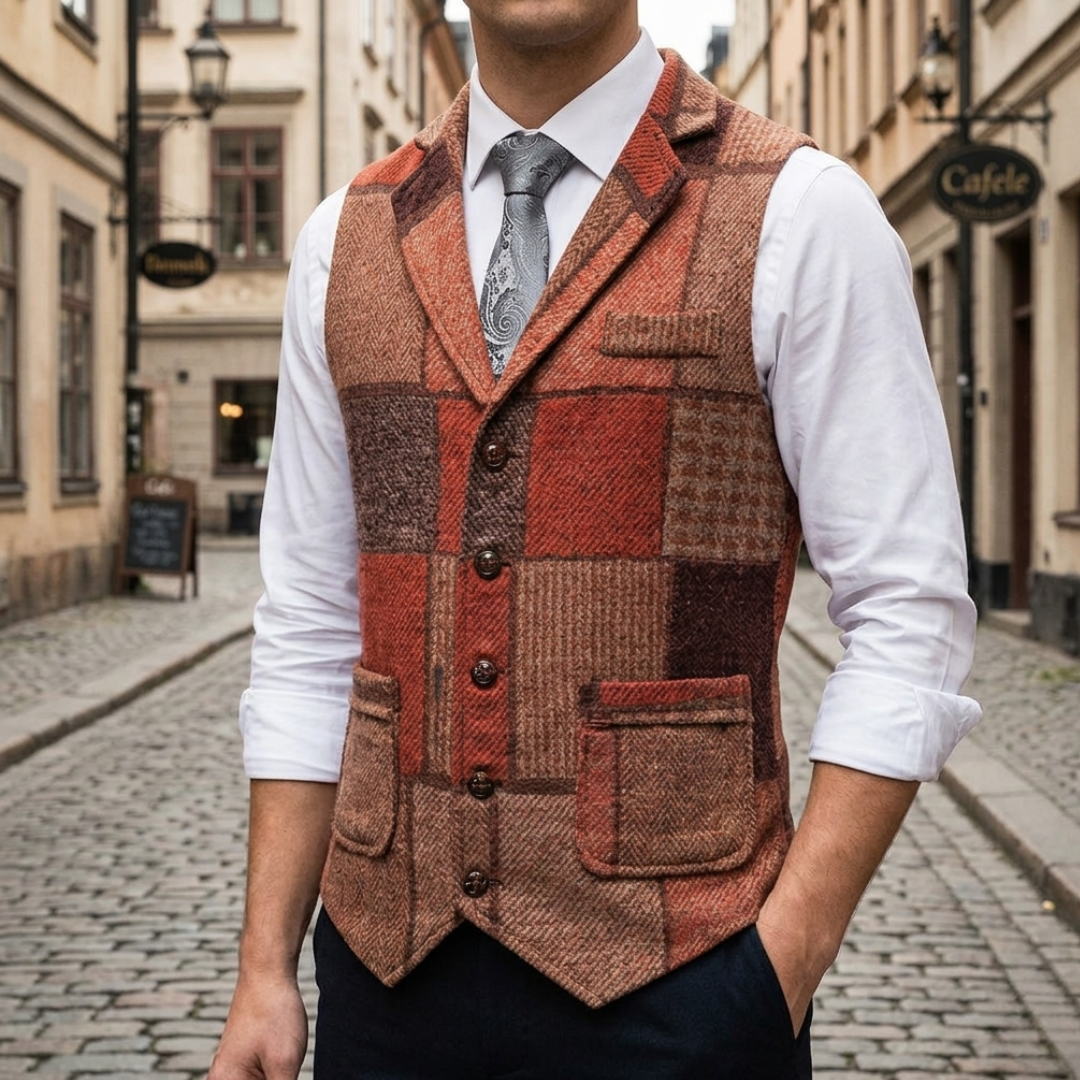 Elegant Slim Fit Tweed Men's Waistcoat Patchwork