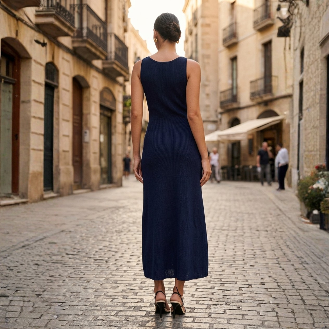 Maxi Dress for Women in Sleeveless Knit with Buttons and Slim Ribbing