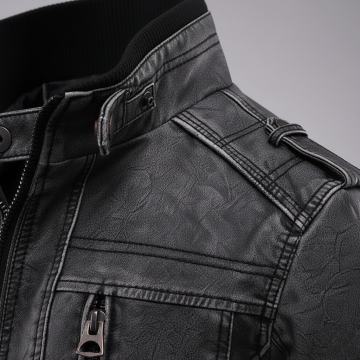 Men's Synthetic Leather Jacket with High Collar and Pockets