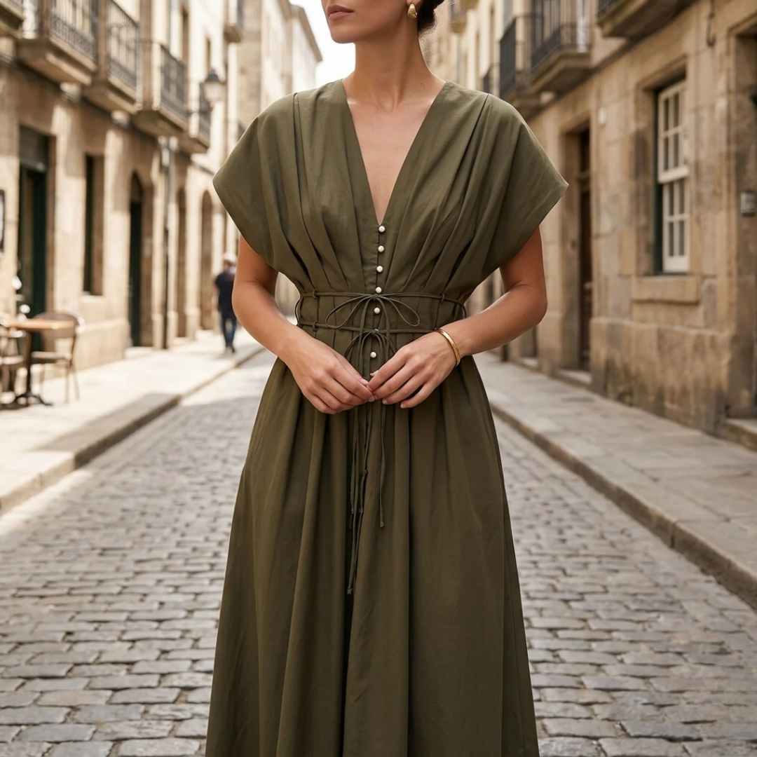 Women's Long Draped Dress with V-Neck and Short Sleeves