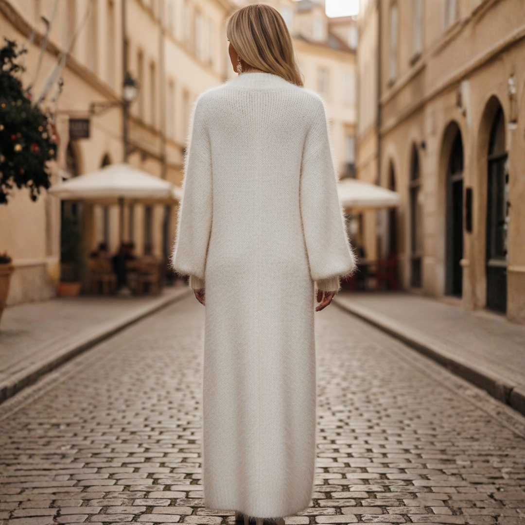 Women's Midi Dress with V-Neck in Faux Fur Knit