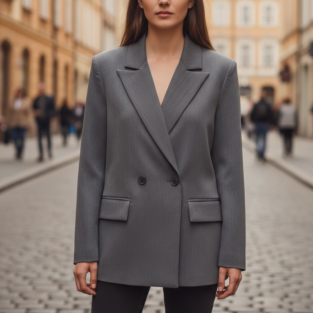 Women's Double-Breasted Blazer with Notch Lapels and Long Sleeves
