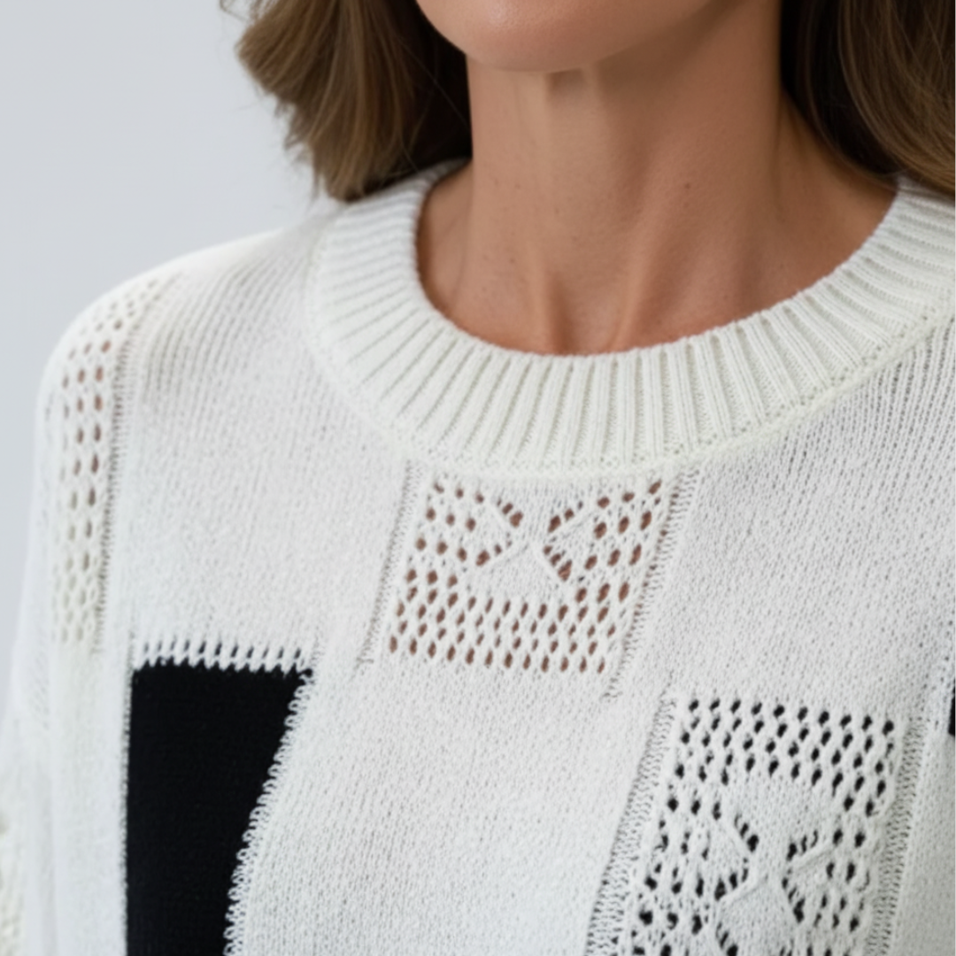 Women's Sweater in Soft Geometric White and Black Blend