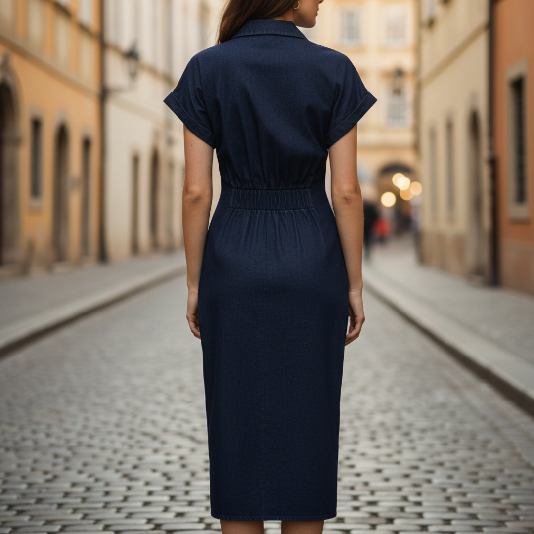 Midi Dress with Front Buttons and Applied Pockets