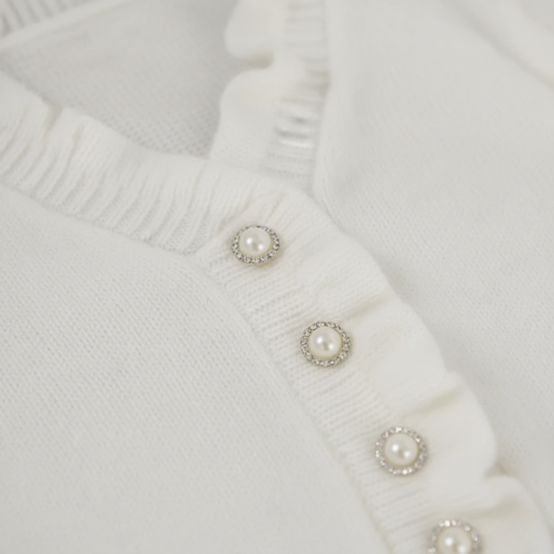 White Women's Sweater with Ruffles and Pearls