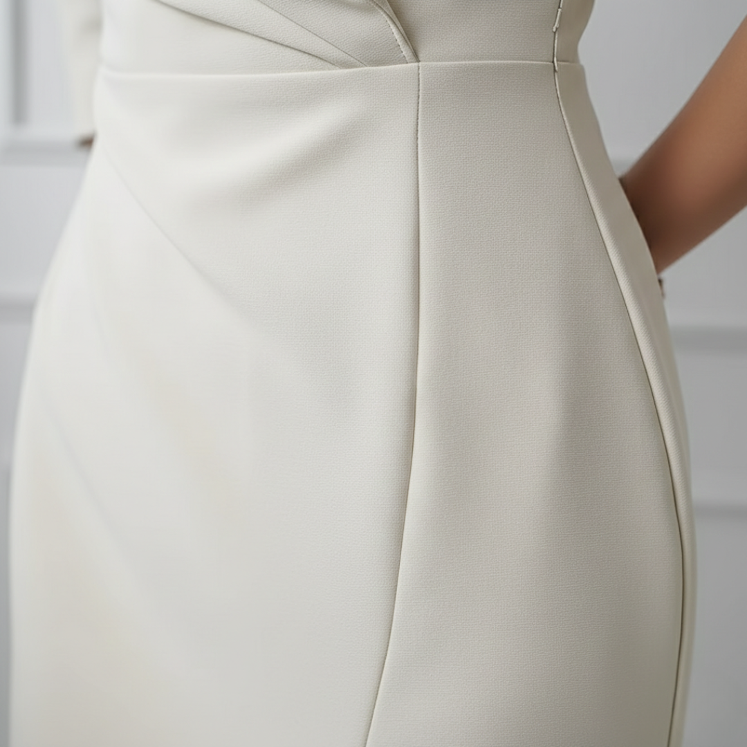Women's Midi Dress with V-Neck and Three-Quarter Sleeves in Cream