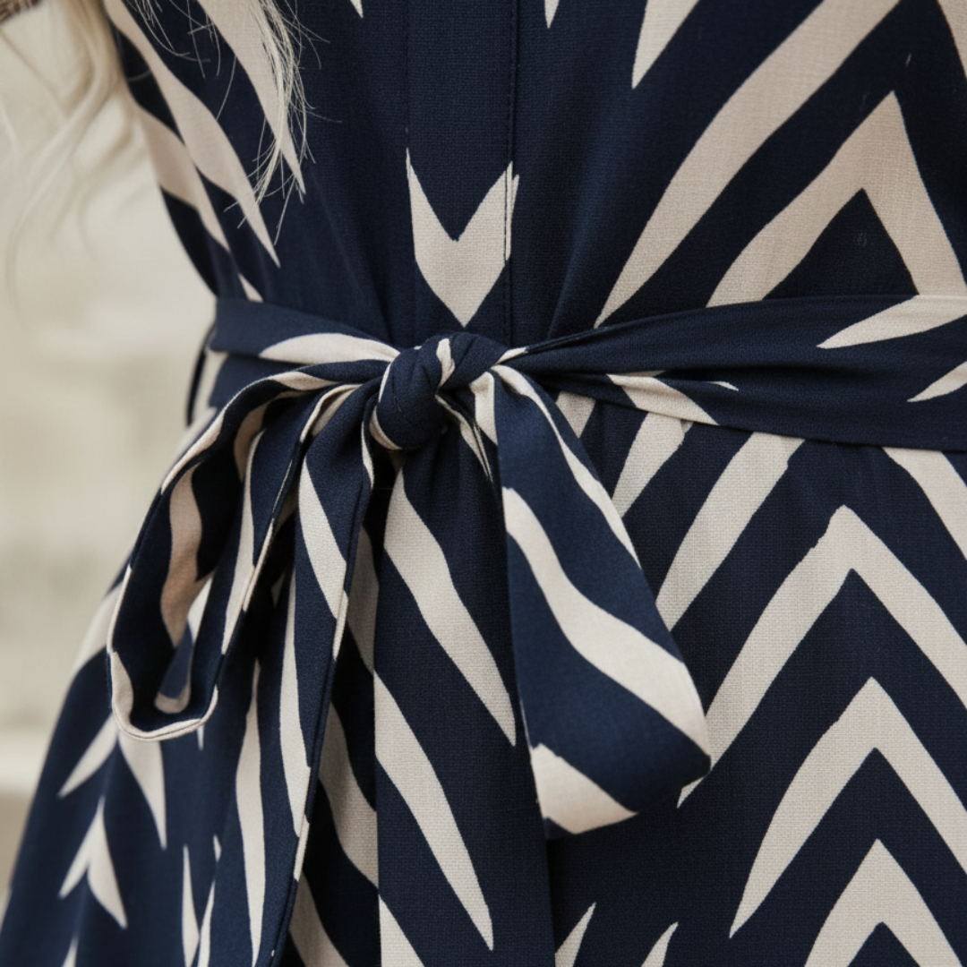 Women's Midi Striped Dress with V-Neck and Belt