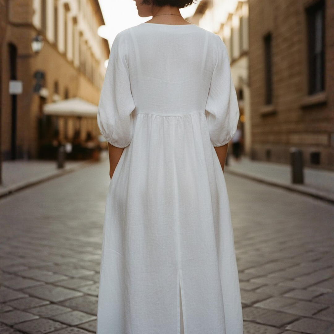 Maxi Dress for Women with V-Neck, Puff Sleeves, Side Pockets, Loose Fit