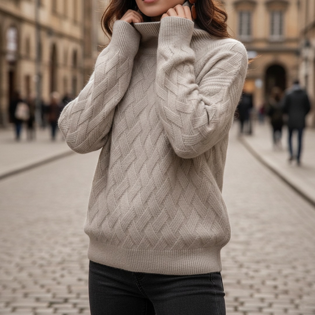 Women's Turtleneck Sweater with Braids in Beige and White