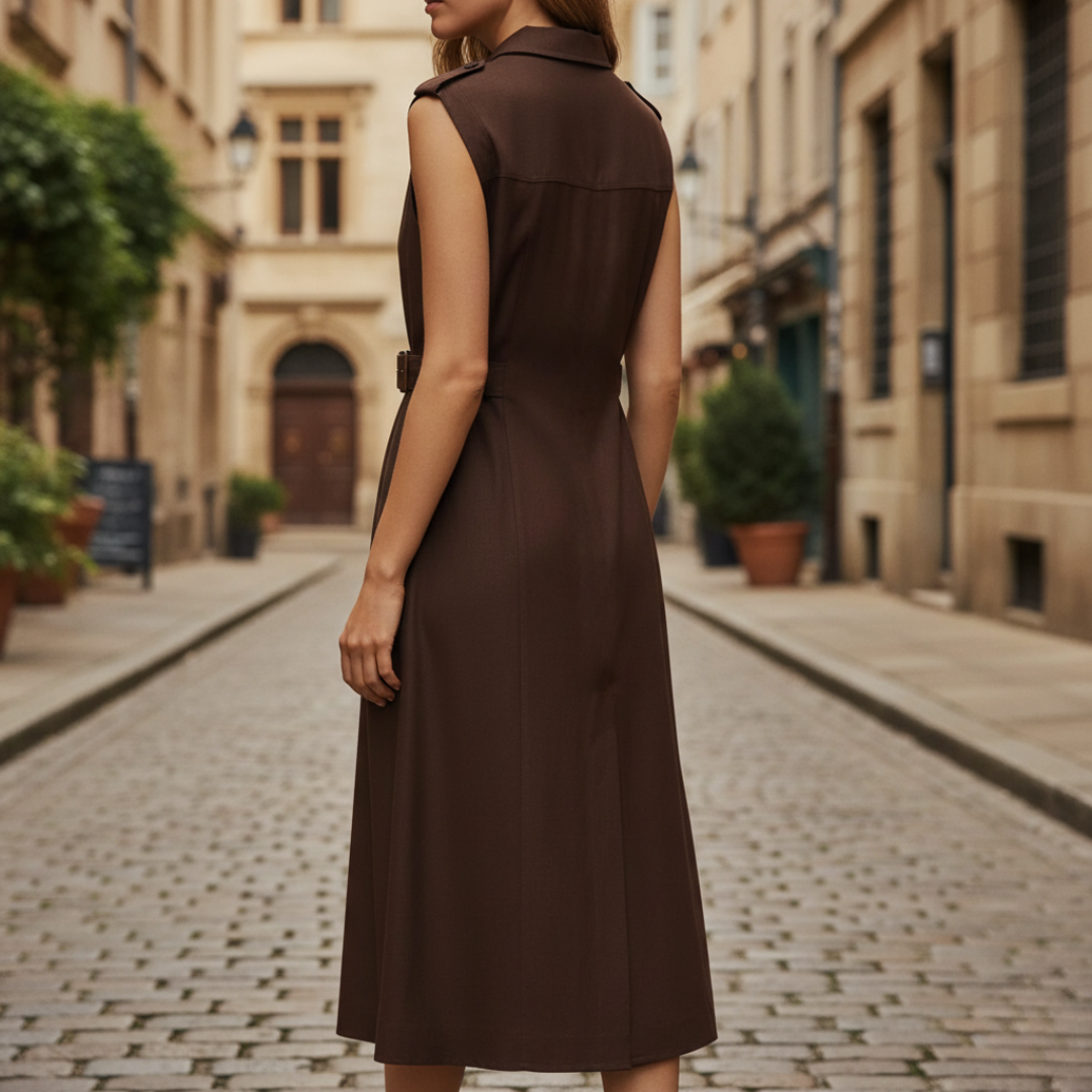Women's Midi Shirt Dress in Sleeveless Linen with Utility Style Buttons