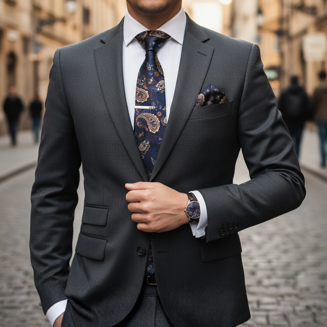 Men's Silk Paisley Red Blue Tie Set