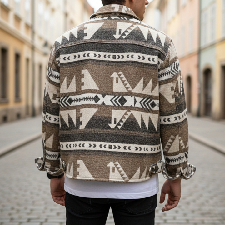 Men's Brown and Beige Geometric Pattern Flannel Jacket