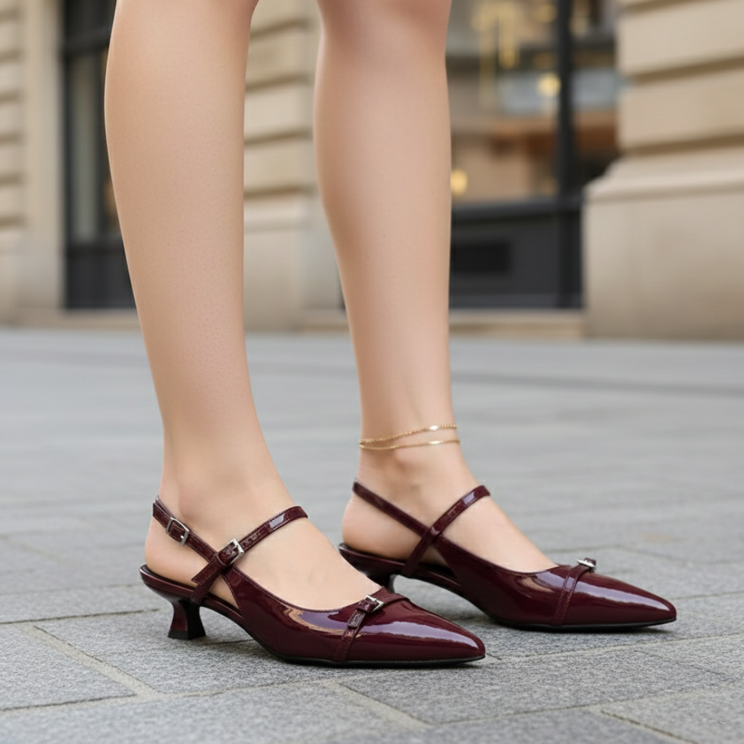 Pointed Toe Slingback Pumps with Block Heel and Buckle for Women