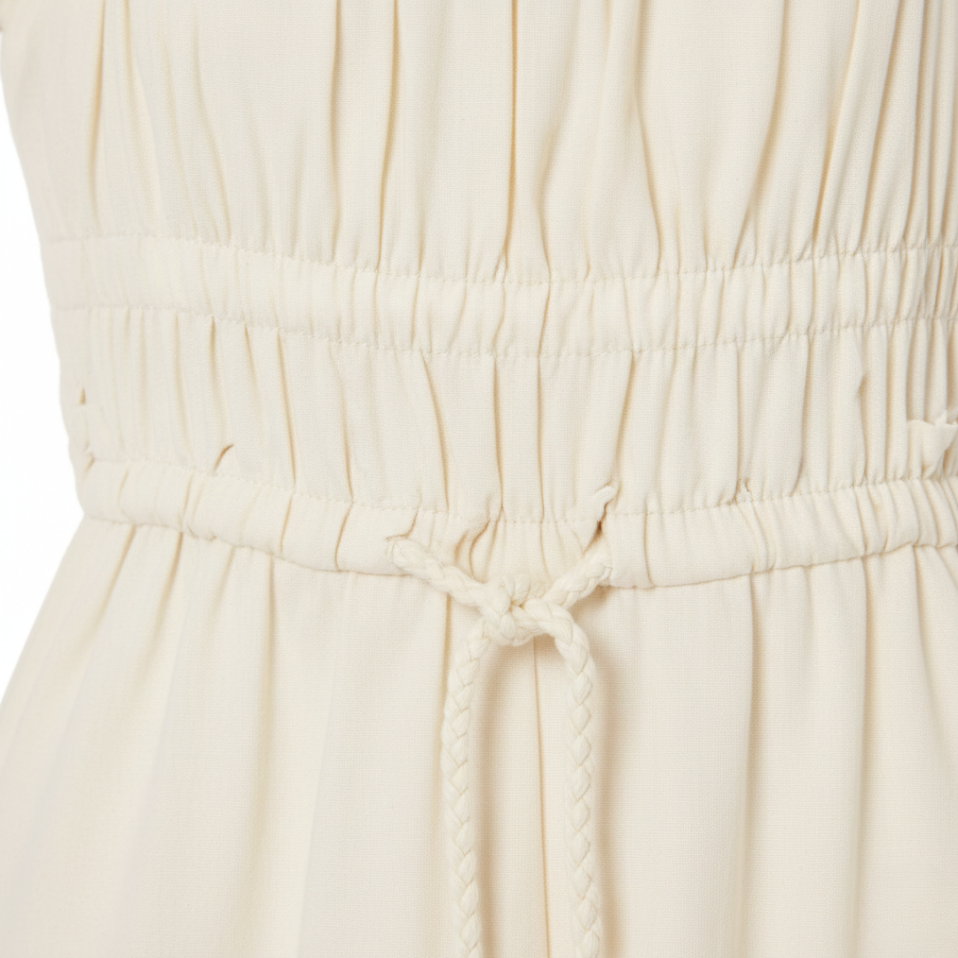 Women's Midi Dress with Square Neckline, Puff Sleeves, Cream Cotton