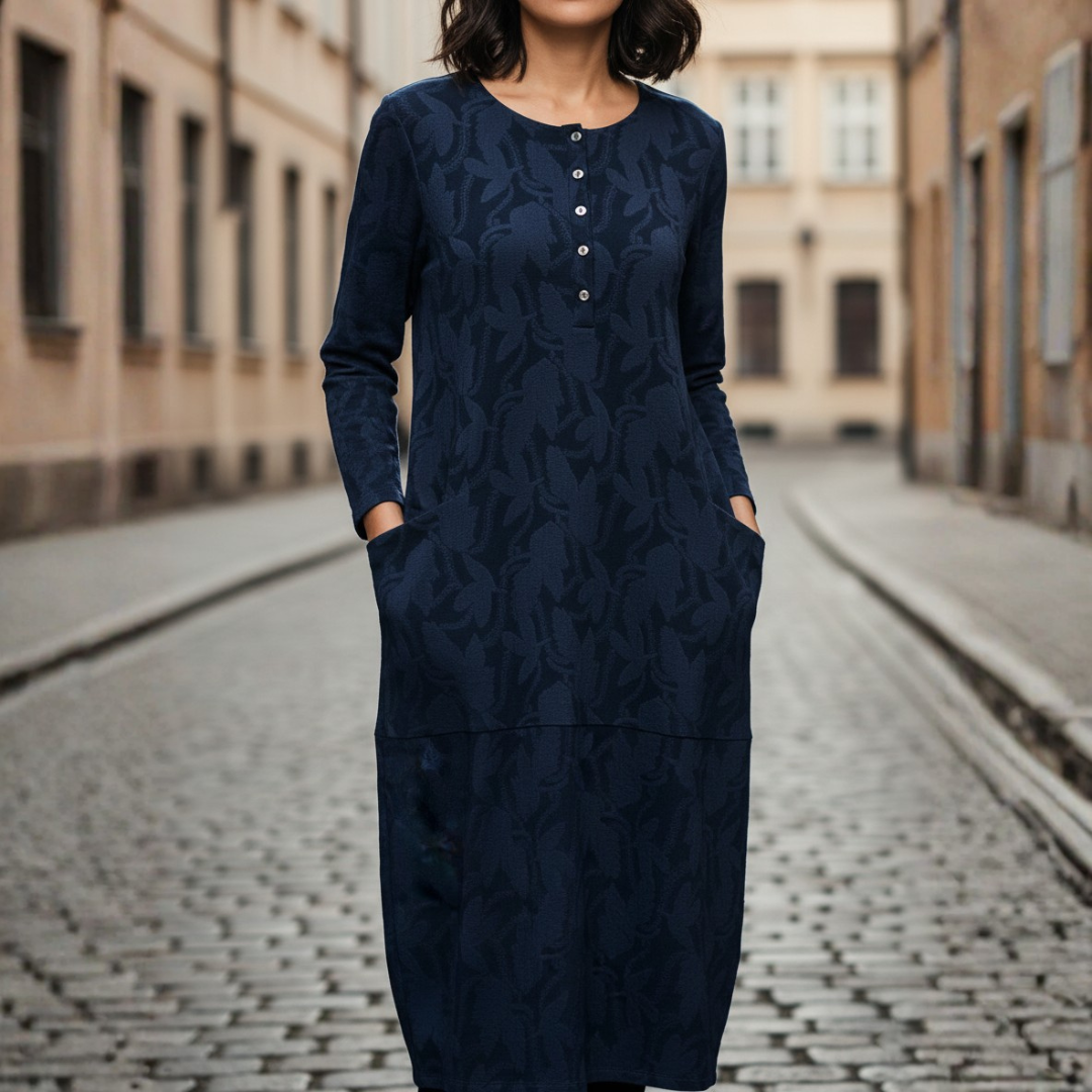 Women's Midi Dress with Long Sleeves and Pockets