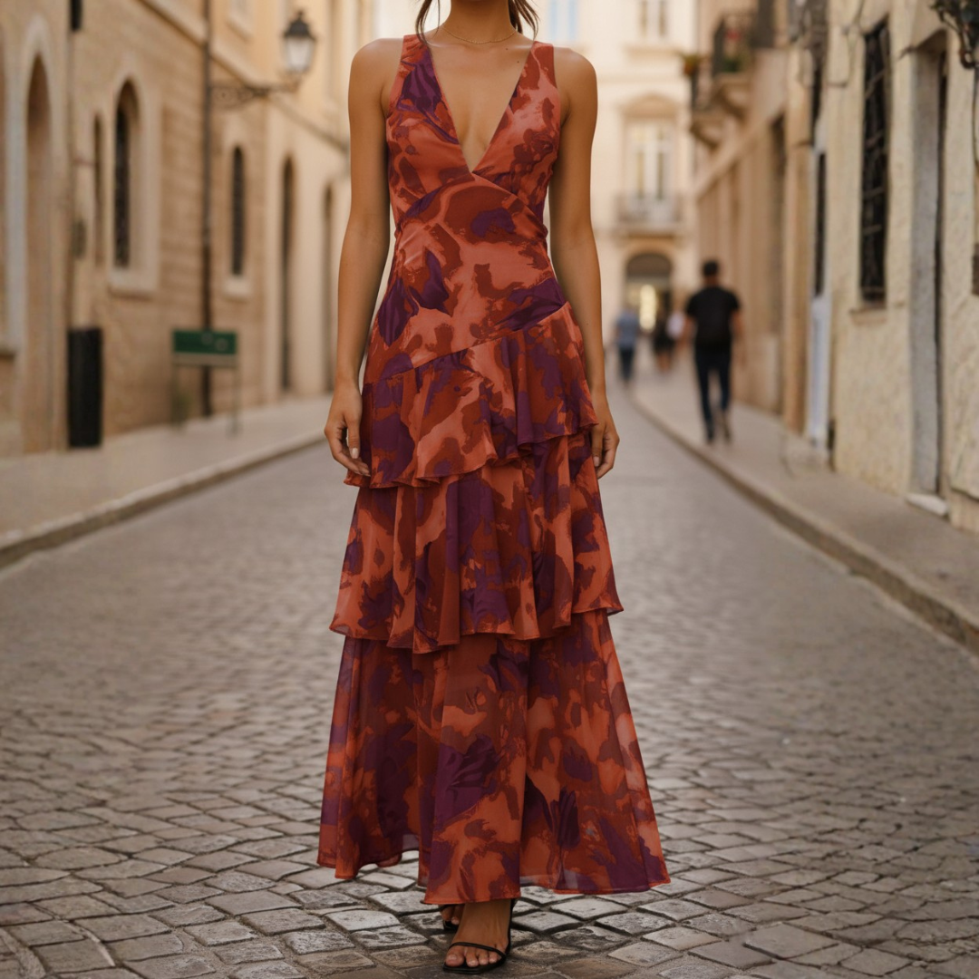 Multicolored Long Dress for Women with Ruffles and V-Neck
