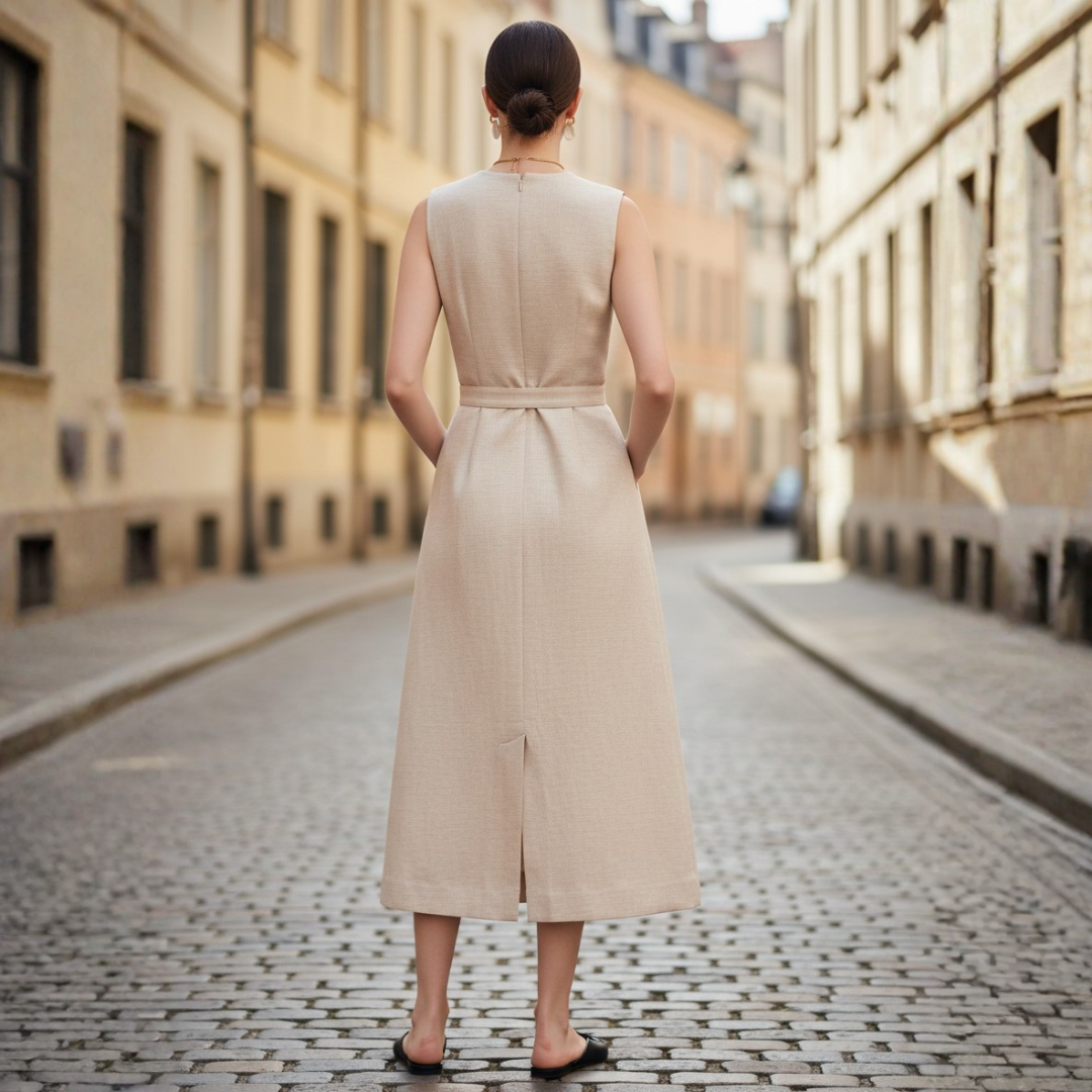 Women's Sleeveless Midi Dress with Buttons and Belt