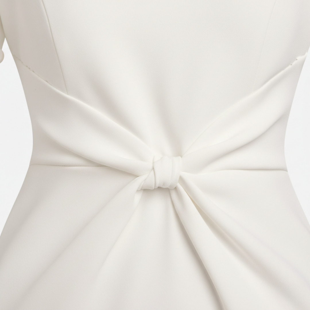 White Midi Dress for Women with Pearls and Knot at the Waist