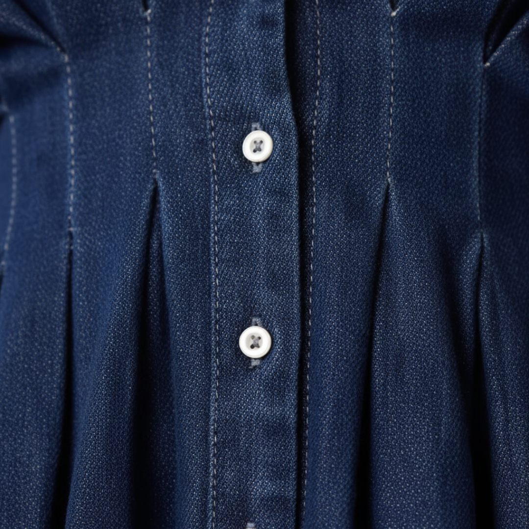 Blue Denim Mini Dress for Women with Buttons and Pleats