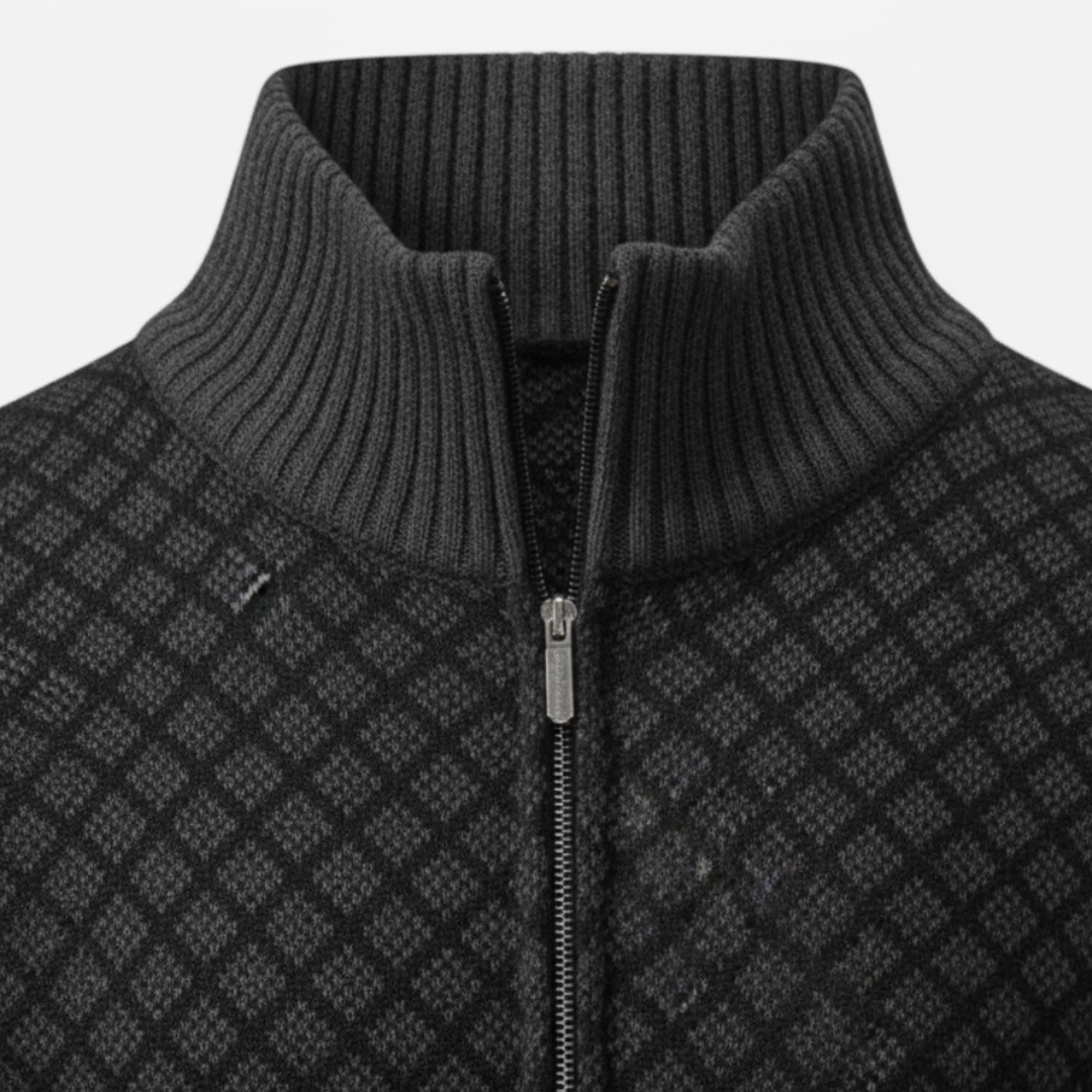 Men's Cardigan with Zip and Pattern in High-Quality Material with High Collar