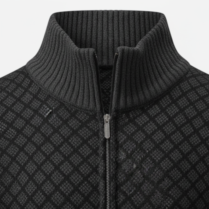 Men's Cardigan with Zip and Pattern in High-Quality Material with High Collar