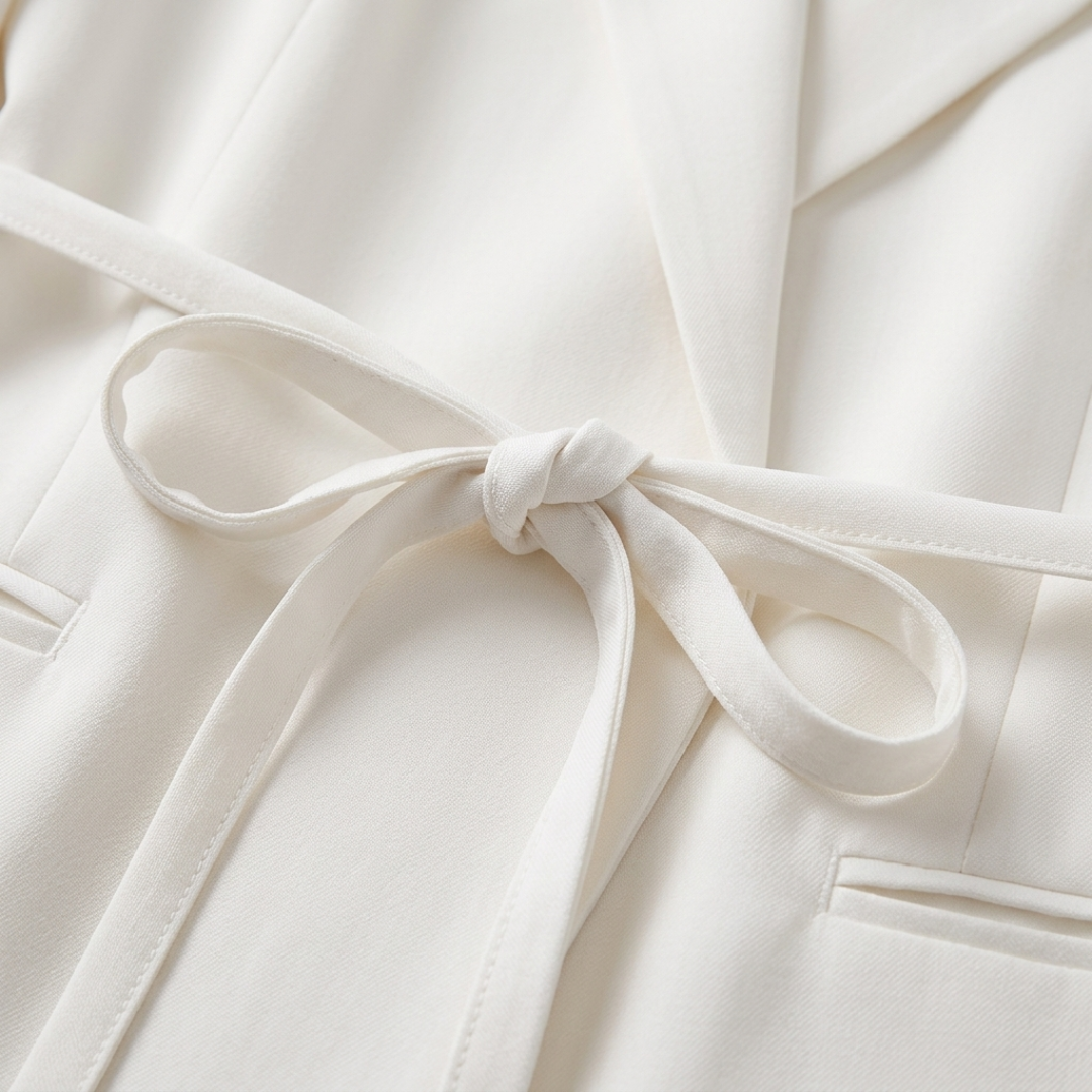 Women's Complete White Blazer with Belt and High-Waisted Wide Leg Trousers
