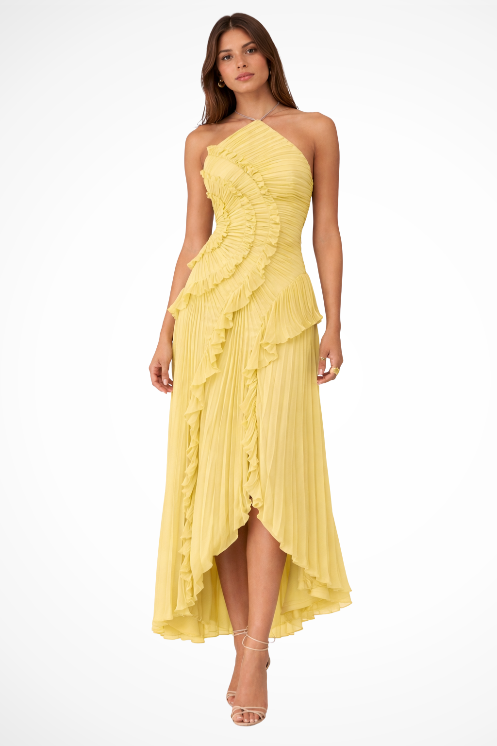 Women's Satin Maxi Dress with Sleeveless Ruffles for Summer Ceremonies
