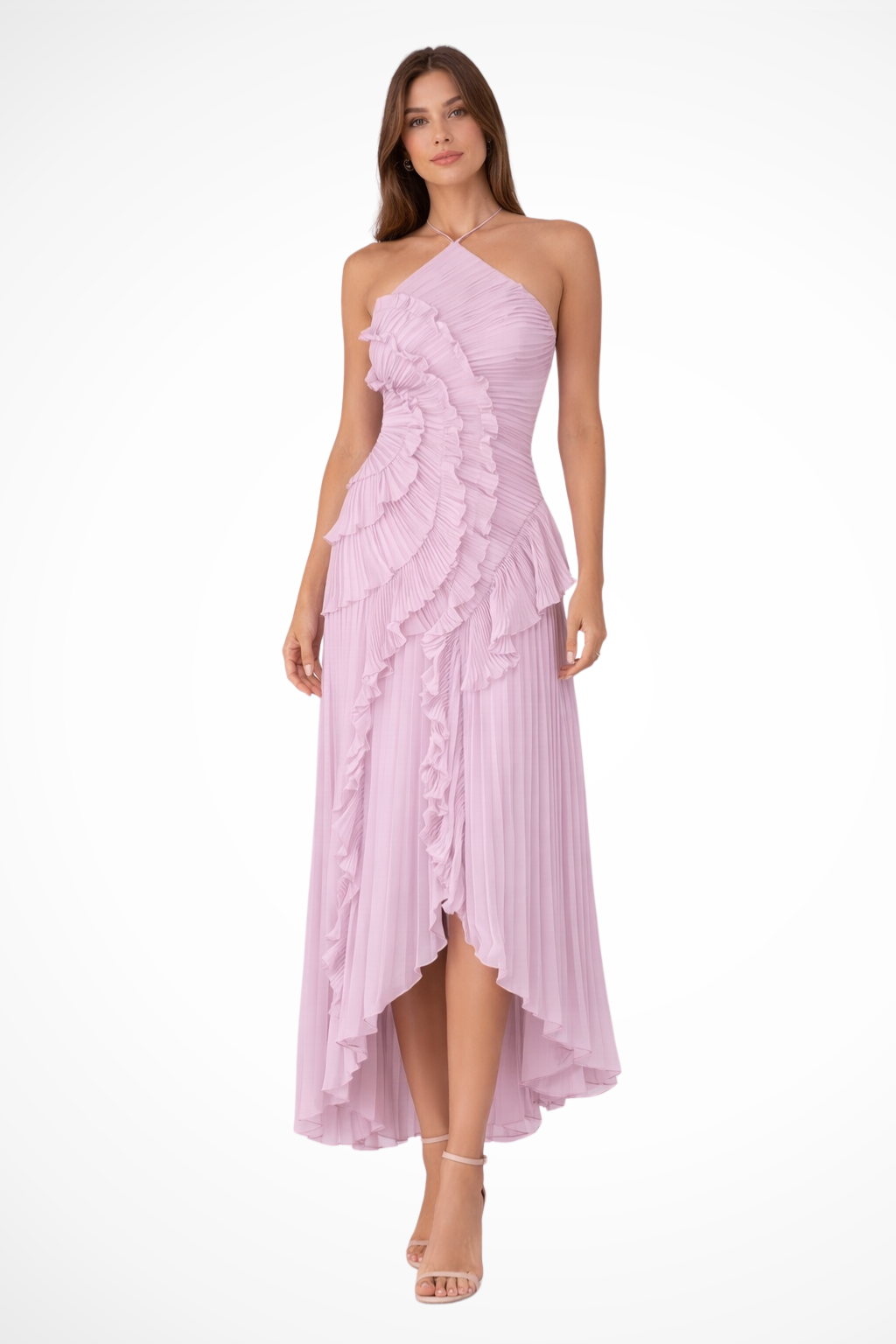 Women's Satin Maxi Dress with Sleeveless Ruffles for Summer Ceremonies