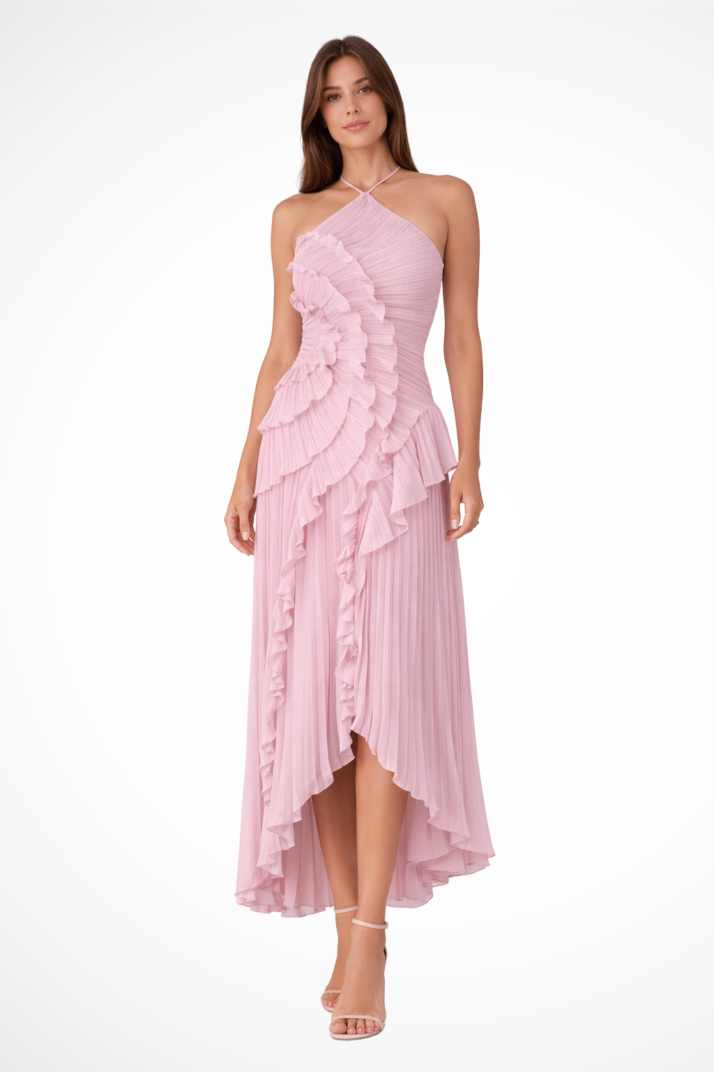 Women's Satin Maxi Dress with Sleeveless Ruffles for Summer Ceremonies
